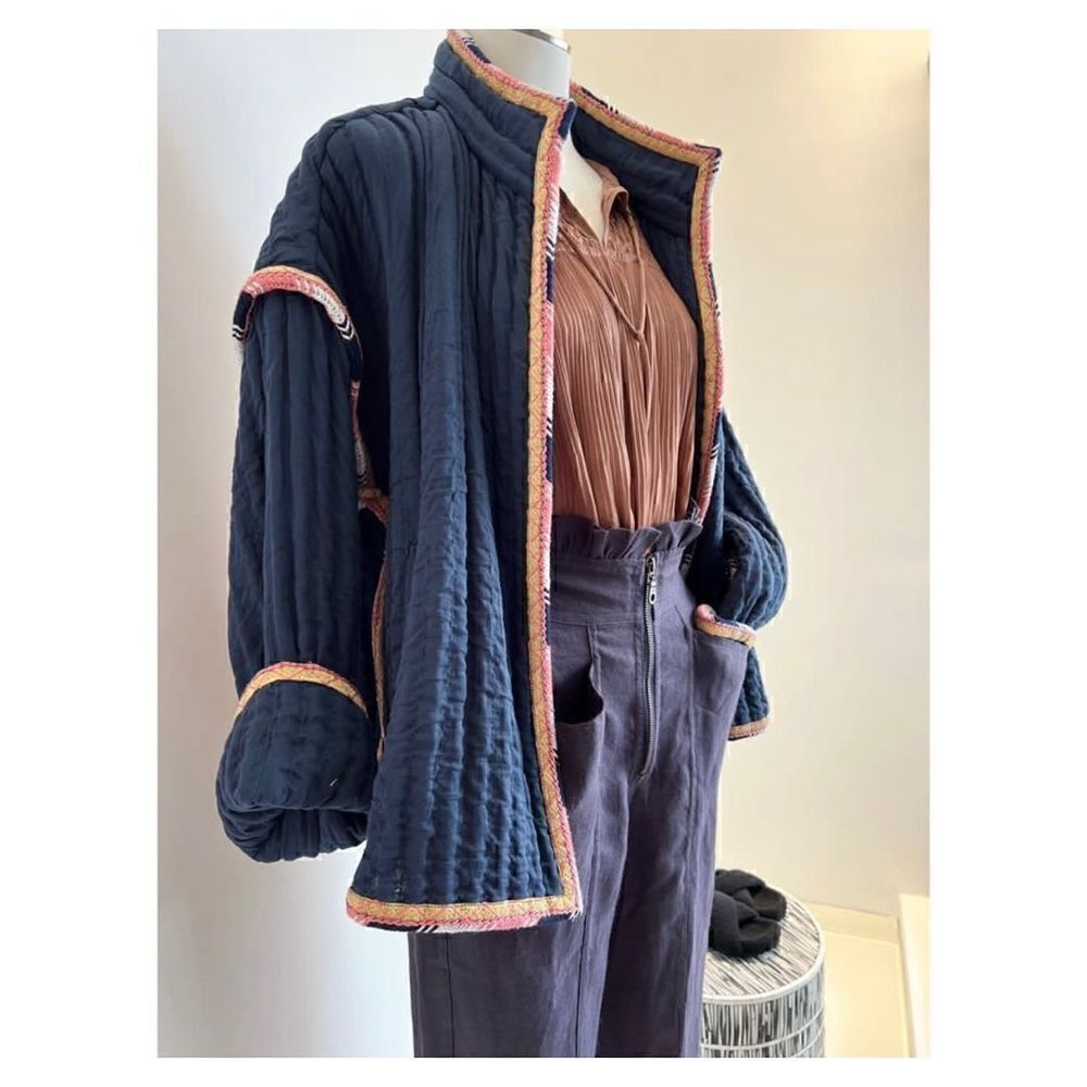 FLANNEL artisanal Isla Jacket in navy quilted cotton intricate embroidered trim